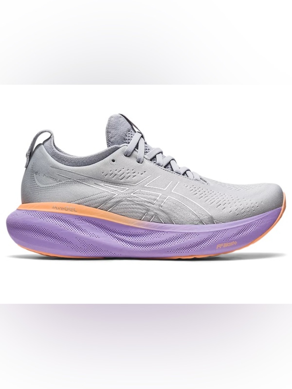 Asics Pure Gel Gray Running Shoes with Lavender Midsole and Orange Accents